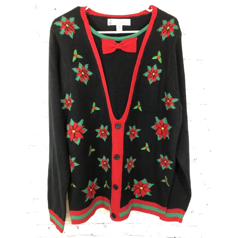 Jolly‎ Sweaters Christmas Poinsettia Sweater  Size L Black Bow Pullover